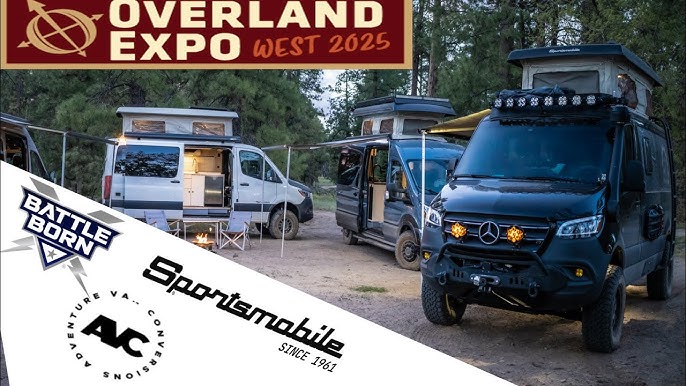 Multiple Sprinter vans with Sportsmobile pop-tops at a campsite, with an Overland Expo West 2025 banner and Sportsmobile, AVC, and Battle Born Batteries sponsor logos