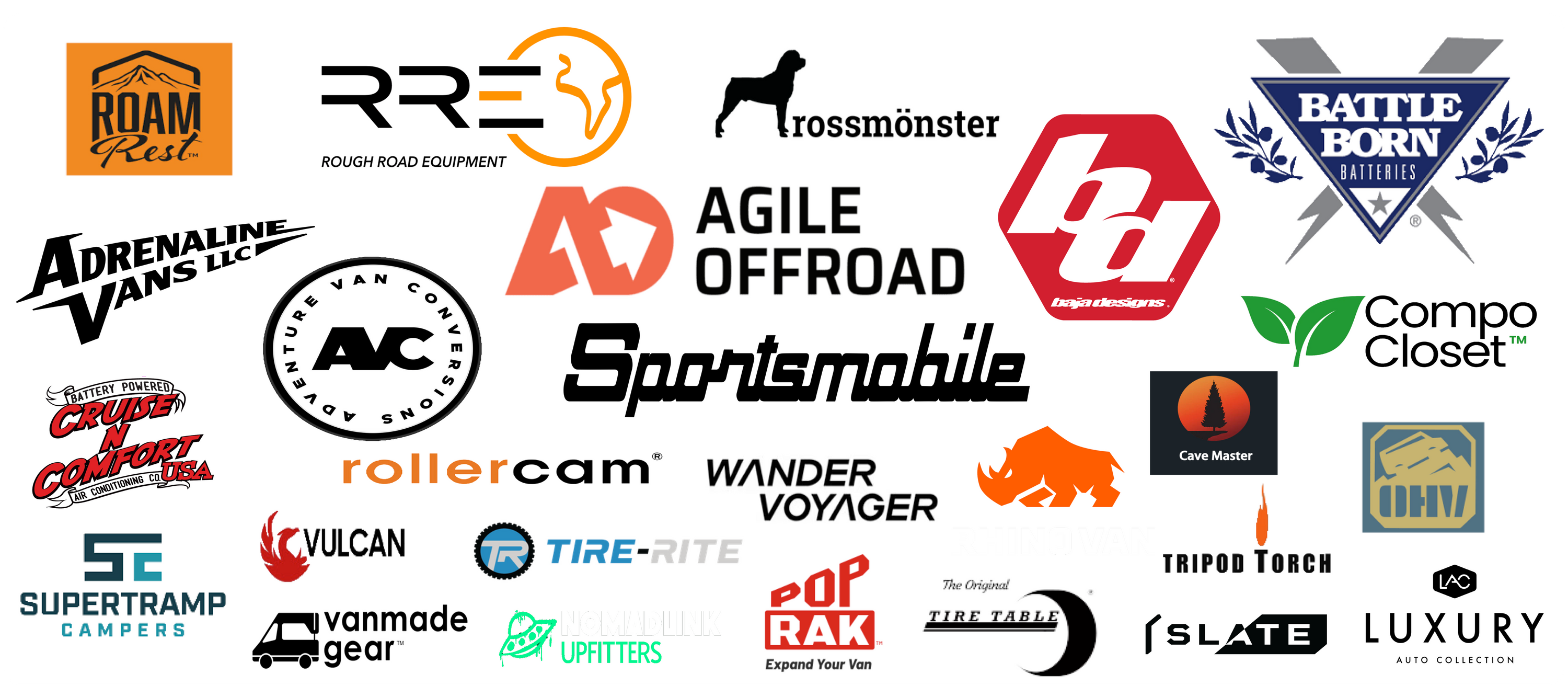 Logos of Gear For Experiences' past sponsors and collaborators, including Battle Born Batteries, Agile Offroad, Sportsmobile, Baja Designs, Adventure Van Conversions, Supertramp Campers, Rossmonster, Rhino Vans, and other outdoor and van-life brands